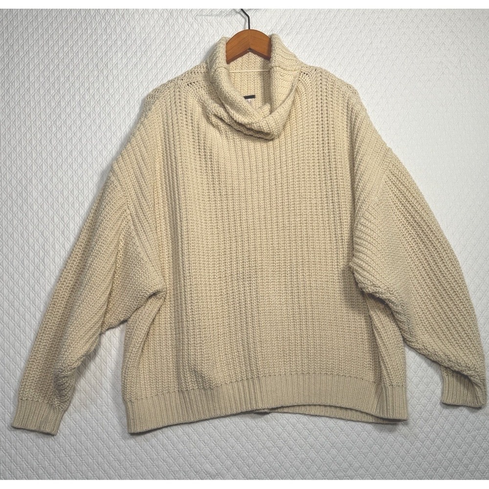 Free People Women's S Turtle-Neck Knit Chunky Sweater Cream Oversized Relaxed